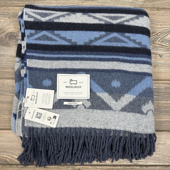 Woolrich Melton Blue Gray Navy Aztec Fringe‎ Wool Throw Blanket 60" X 54" NWT - Picture 1 of 4